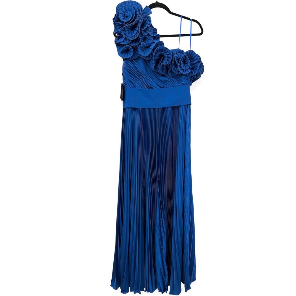 Mac Duggal Blue Pleated‎ Charmeuse One-Shoulder Ruffle Detail Evening Gown Sz 10 - Picture 8 of 11